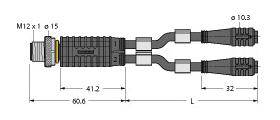Technische Zeichnung eines Kabeladapters mit Maßen. Links ein M12-Stecker, rechts zwei kleinere Kabelanschlüsse.