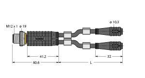 Abbildung eines elektrischen Steckverbinders mit Abmessungen: Gesamtlänge 60,6 mm, Durchmesser 10,3 mm an den Enden, M12 x 1 Anschluss.