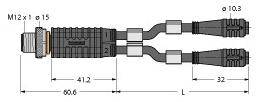 Diagramm eines Verteilers M12, 2-fach mit Maßen: Länge 60.6 mm, Breite 41.2 mm, Ø 10.3 mm und Ø 15 mm. Zwei Anschlüsse auf der rechten Seite.