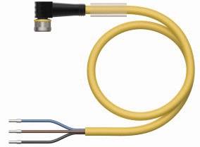 Ein gelbes spiralförmiges Kabel mit Stecker an einem Ende und drei unterschiedlich farbigen Drähten am anderen Ende.