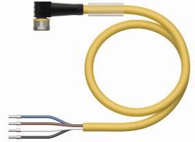 Gelbes Kabel mit rechteckigem Stecker links, vier abisolierte Enden rechts: blau, braun, schwarz, weiß.