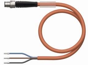 Ein orangefarbenes Kabel mit einem Stecker auf der einen Seite und drei freiliegenden Drähten auf der anderen Seite.