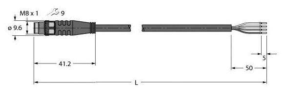 Technische Zeichnung eines M8-Steckers mit Maßen: Gesamtlänge L, Details: Ƞ9,6mm Stecker, 41,2mm Gehäuse, 50mm Kabel, Ƞ9mm.