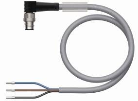 Graues elektrisches Kabel mit geradem Stecker am einen Ende und drei freiliegenden Litzen in Blau, Braun und einem weiteren Draht am anderen Ende.