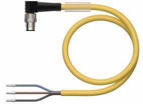 Gelbes, gewundenes Kabel mit einem Stecker an einem Ende und drei abisolierten Drähten (blau, braun, schwarz) am anderen Ende.