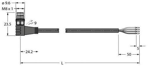 Technische Zeichnung eines M8 Steckverbinders mit Kabel. Maße: Länge 23,5 mm, Durchmesser 9,6 mm; Länge des Kabels 50 mm, Kabelende mit vier Adern.