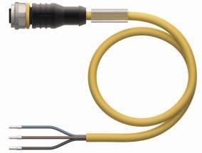 Gelbes Kabel mit drei abisolierten Drähten (blau, braun, schwarz) und einem schwarzen Stecker am anderen Ende.