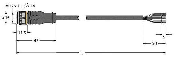 Technische Zeichnung eines M12-Steckers mit Kabel. Maße: Ø15 mm Stecker, Länge 42 mm, Gesamtlänge Kabel 50 mm. Stecker mit Schraubverbindung M12x1.