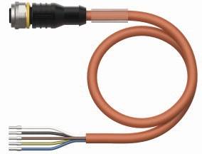 Ein orangefarbenes Kabel mit mehreren Innenleitern und einem runden Steckverbinder am Ende. Es hat vier farbige Drähte: weiß, blau, grün und gelb.