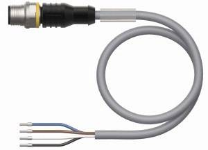Ein graues Kabel mit einem Metallstecker am Ende. Vier unterschiedlich farbige Drähte sind freigelegt: blau, braun, schwarz, weiß.