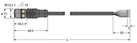 Technische Zeichnung eines M12-Steckers mit Abmessungen: Länge des Steckers 49,5 mm, Gesamtlänge des Kabels 50 mm, Kabel mit vier Drähten.