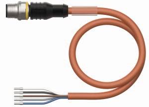 Ein orangefarbenes Kabel mit einem Metallstecker und fünf sichtbaren Adern am anderen Ende ist abgebildet.