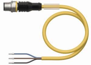 Gelbes Kabel mit rundem Stecker, führt zu drei freiliegenden Drähten in den Farben blau, braun und grau. Technische Verbindungskomponente.