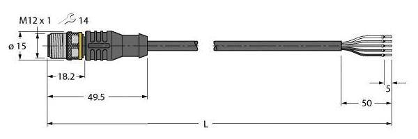 Anschlusskabel mit M12-Steckverbinder, Gesamtlänge 'L', Durchmesser 15 mm, Steckergröße 14 mm. Länge bis Steckverbinder: 49,5 mm; abgetrennte Adern: 50 mm.