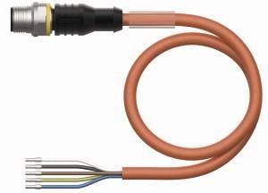 Ein orangefarbenes, spiralförmiges Kabel mit einem runden Stecker. An einem Ende sind mehrere farbige Drähte sichtbar.