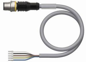Graues, spiralförmiges Kabel mit Metallanschluss auf einer Seite und offenen, farblich gekennzeichneten Drähten auf der anderen Seite.
