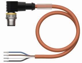 Ein orangefarbenes Kabel mit einem Metallstecker und mehreren freiliegenden Drähten.