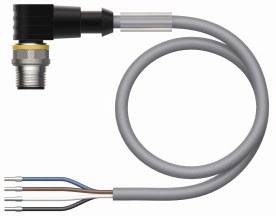 Ein graues Kabel mit L-förmigem Stecker und vier farbigen Drähten; dient zur elektrischen Verbindung in technischen Geräten.