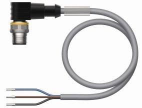 Ein graues Elektrokabel mit Stecker zeigt drei Adern in den Farben Blau, Braun und Schwarz. Der Stecker hat eine rechteckige Form.