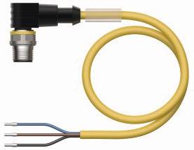 Stecker mit gelbem Kabel und drei blanken Drähten in Blau, Braun und Weiß.