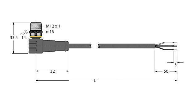 Technische Zeichnung eines Steckverbinders mit M12-Gewinde. Abmessungen: Steckerhöhe 33,5 mm, Länge des Kabels 32 mm plus Kabelenden.