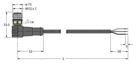 Technische Zeichnung eines elektrischen Steckverbinders mit Maßen; M12 x 1 Gewinde; Kabeldurchmesser 5 mm; Gesamtlänge 50 mm.