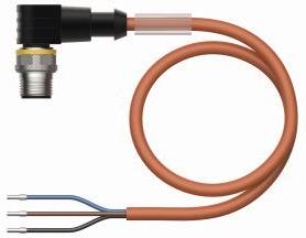 Ein orangefarbenes Kabel mit einem Winkelstecker und drei freiliegenden Adern: blau, braun und schwarz.