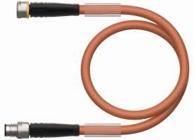 Ein orangefarbenes, koaxiales Kabel, das eine Schleife bildet. An beiden Enden befinden sich metallische Steckverbinder.