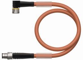 Ein orangefarbenes Kabel mit Metallanschlüssen an beiden Enden, in einer Schleifenform angeordnet. Es handelt sich um ein Verbindungskabel.