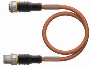 Ein orangefarbenes Kabel mit Metallanschlüssen an beiden Enden, das zu einer Schlaufe geformt ist.