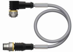 Ein graues Kabel mit schwarzen Enden und Metallverbindungen, das an einer Seite rechtwinklig gebogen ist.