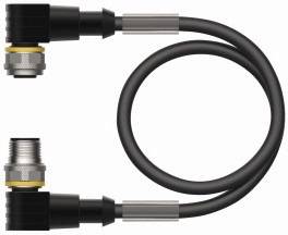 Zwei schwarze, gewinkelte Kabelstecker mit einer Verbindung dazwischen. Sie sind ähnlich aufgebaut und für technische Anwendungen geeignet.