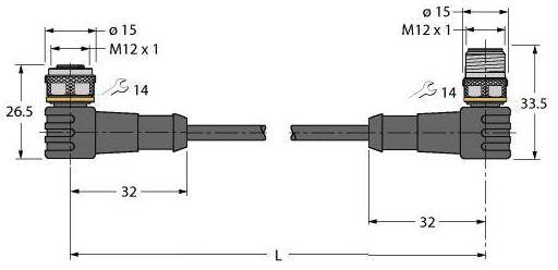 Technische Zeichnung von zwei M12 x 1 Steckverbindern mit Winkelausgang; Maße: 15 mm Durchmesser, 32 mm Länge, 26,5 mm und 33,5 mm hoch.