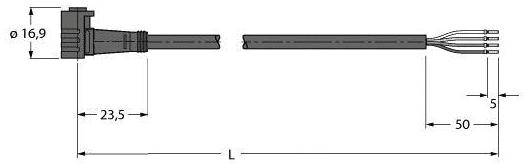 Technische Zeichnung eines Steckverbinders mit Maßen: Durchmesser 16,9 mm, Länge 23,5 mm, 4 Kabelanschlüsse, Linienlänge 50 mm.