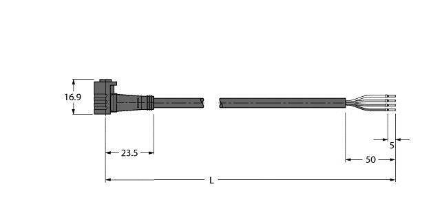 Stecker mit L-förmigem Profil und Maßen: Höhe 16,9 mm, Länge 23,5 mm. Gesamtlänge 'L'. Kabel mit 4 Leitern, 50 mm bis Aufteilung.