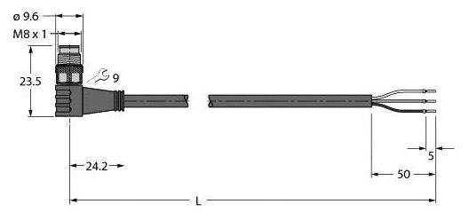 Diagramm eines M8 x 1 Winkelsteckers mit Längenangaben. Hauptmaße: 9,6 mm, 23,5 mm, 24,2 mm und 50 mm.