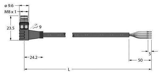 Technische Zeichnung eines M8-Steckers mit Kabel. Maße: M8x1, Länge 'L', Breite 9,6 mm, Gesamtlänge 50 mm, Kontaktabstand 5 mm.