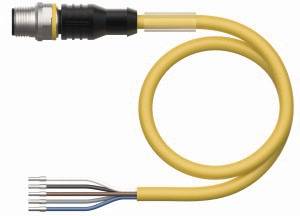 Gelbes Kabel mit rundem Stecker an einem Ende und fünf farbigen Drähten am anderen Ende. Geeignet für elektrische Verbindungen.