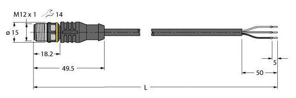 Steckverbinder M12 mit Maßangaben: Länge 49,5 mm, Durchmesser 15 mm, Gewindegröße M12 x 1. Kabel mit drei Adern, Länge 100 mm.