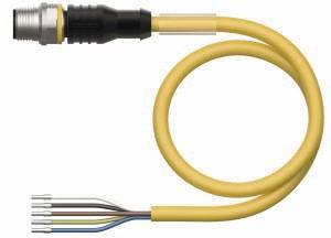 Gelbes Kabel mit Rundstecker auf einer Seite und fünf farbcodierten offenen Drähten auf der anderen, geeignet für elektrische Verbindungen.