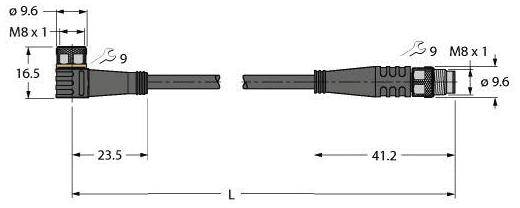 Steckerdiagramm zeigt zwei Kabelverbindungen mit Längenangaben. Links M8 x 1 mit 23,5 mm, rechts 41,2 mm. Kabel sind parallel.