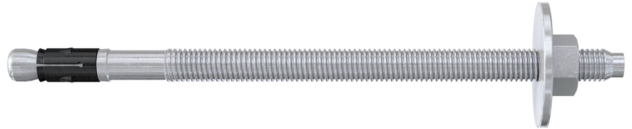 Ein langer, metallischer Ankerbolzen mit Mutter und Unterlegscheibe, häufig zur Befestigung schwerer Bauteile in Beton verwendet.