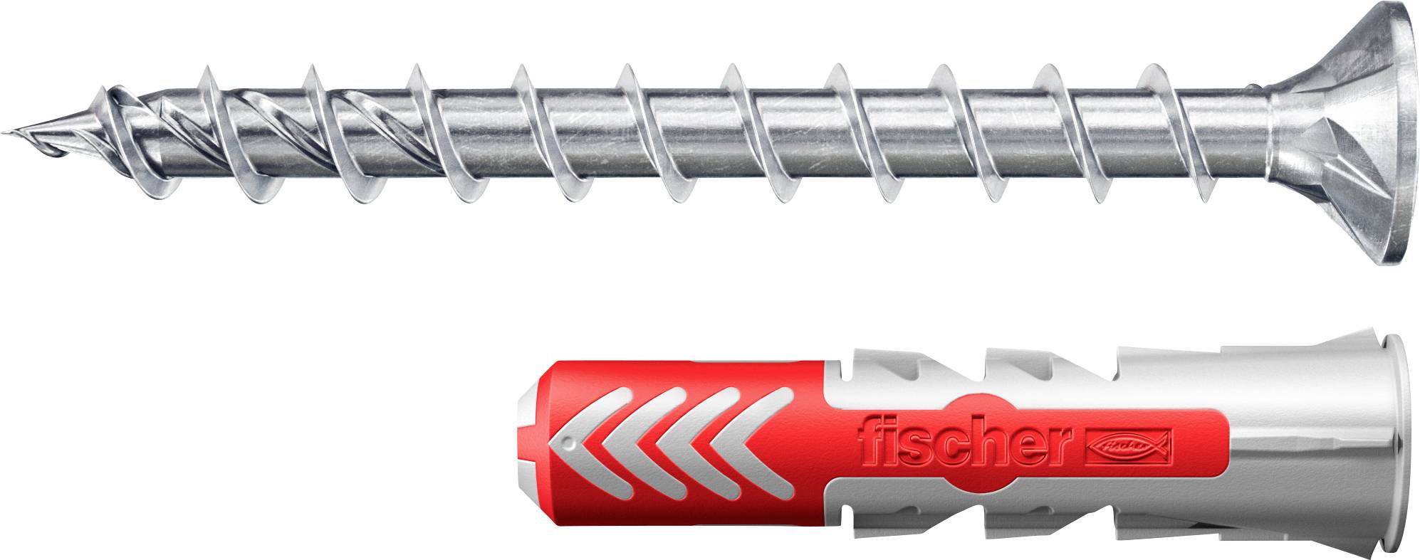 Ein Metallschraube und ein roter und grauer Wanddübel werden gezeigt. Der Wanddübel trägt die Marke „fischer