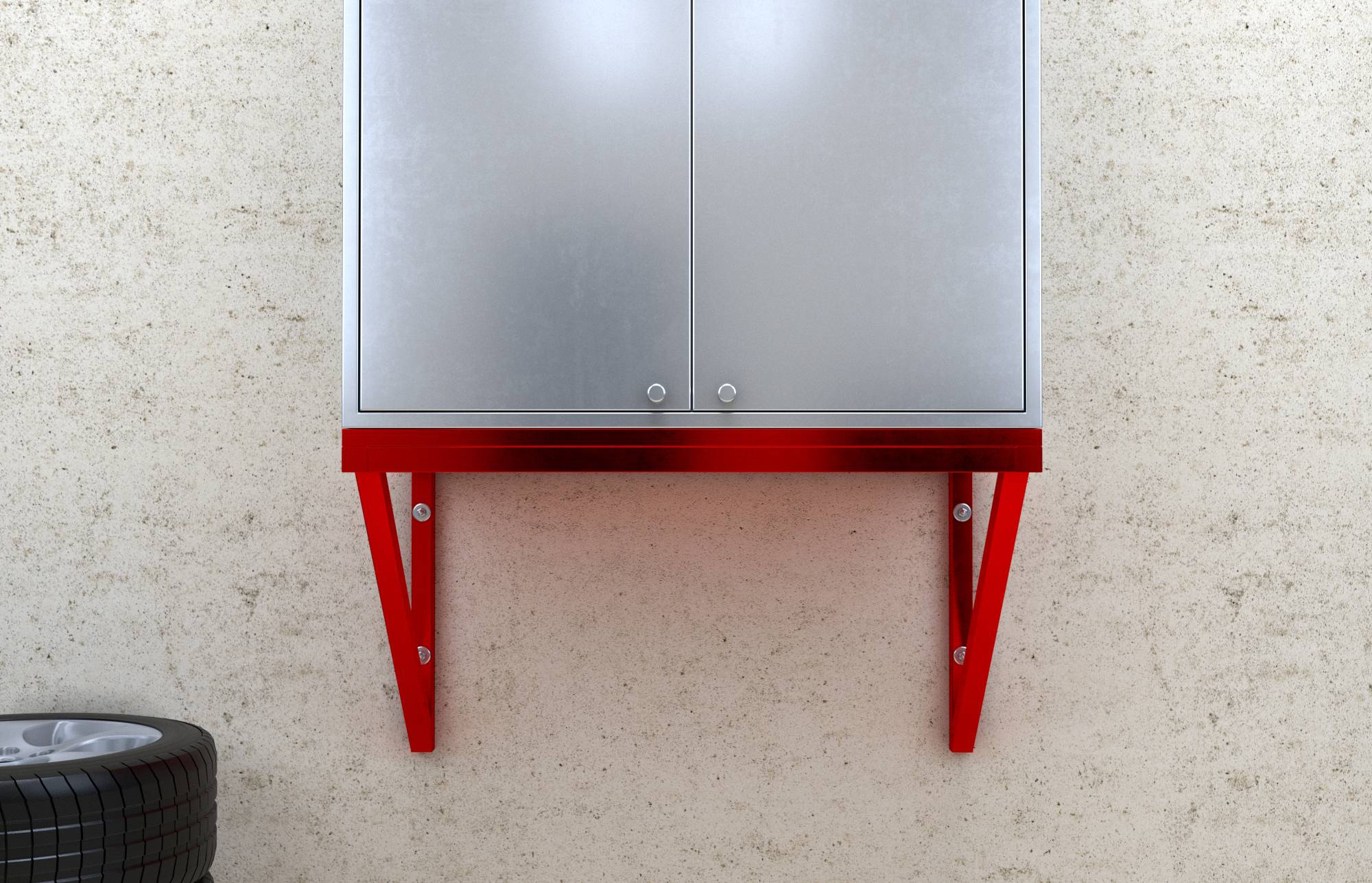 Ein Metallschrank mit roten Halterungen, an einer Wand montiert, über einem Autoreifen, der unten links teilweise sichtbar ist.