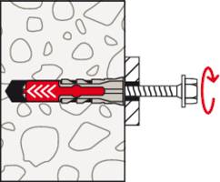 Eine Illustration, die einen Schraubenmechanismus in einem Wanddübel zeigt, der sich ausdehnt, während die Schraube im Uhrzeigersinn gedreht wird, um ihn an Ort und Stelle zu sichern.