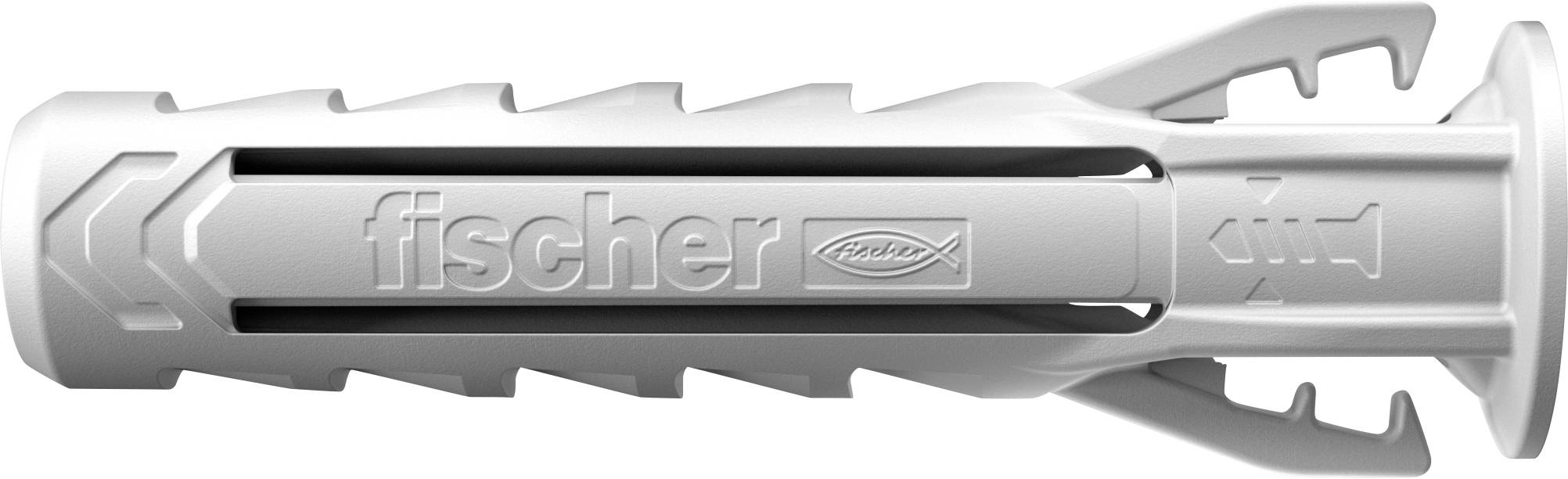 Ein grauer Dübel mit dem Aufdruck 'fischer' in der Mitte, seitlichen Lamellen für Halt in der Wand und einer konischen Spitze.