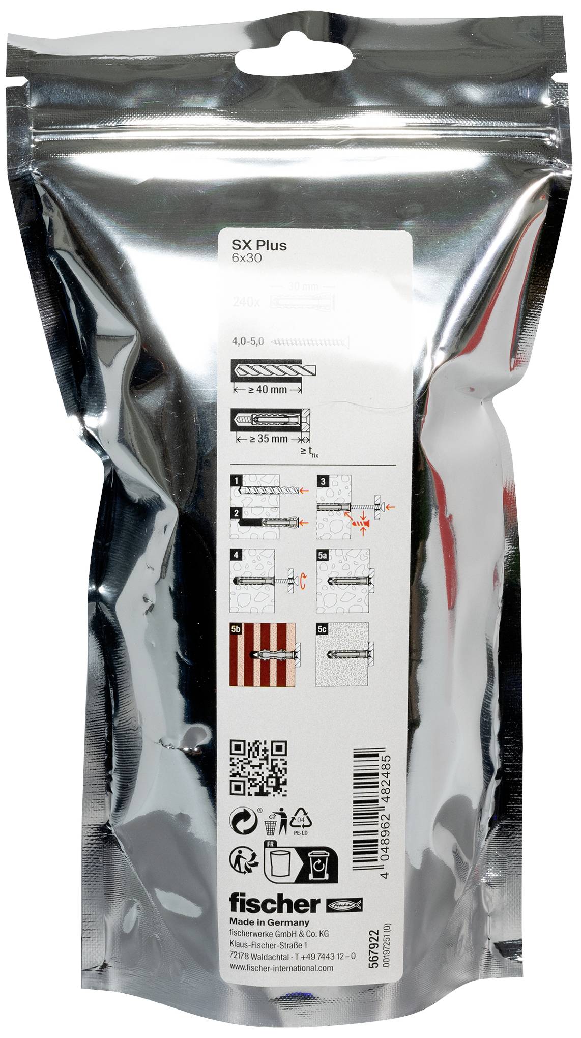 Verpackung von Dübeln der Marke 'fischer', Modell 'SX Plus 6x30'. Zeigt Anleitungen und Anwendungshinweise für verschiedene Untergründe.