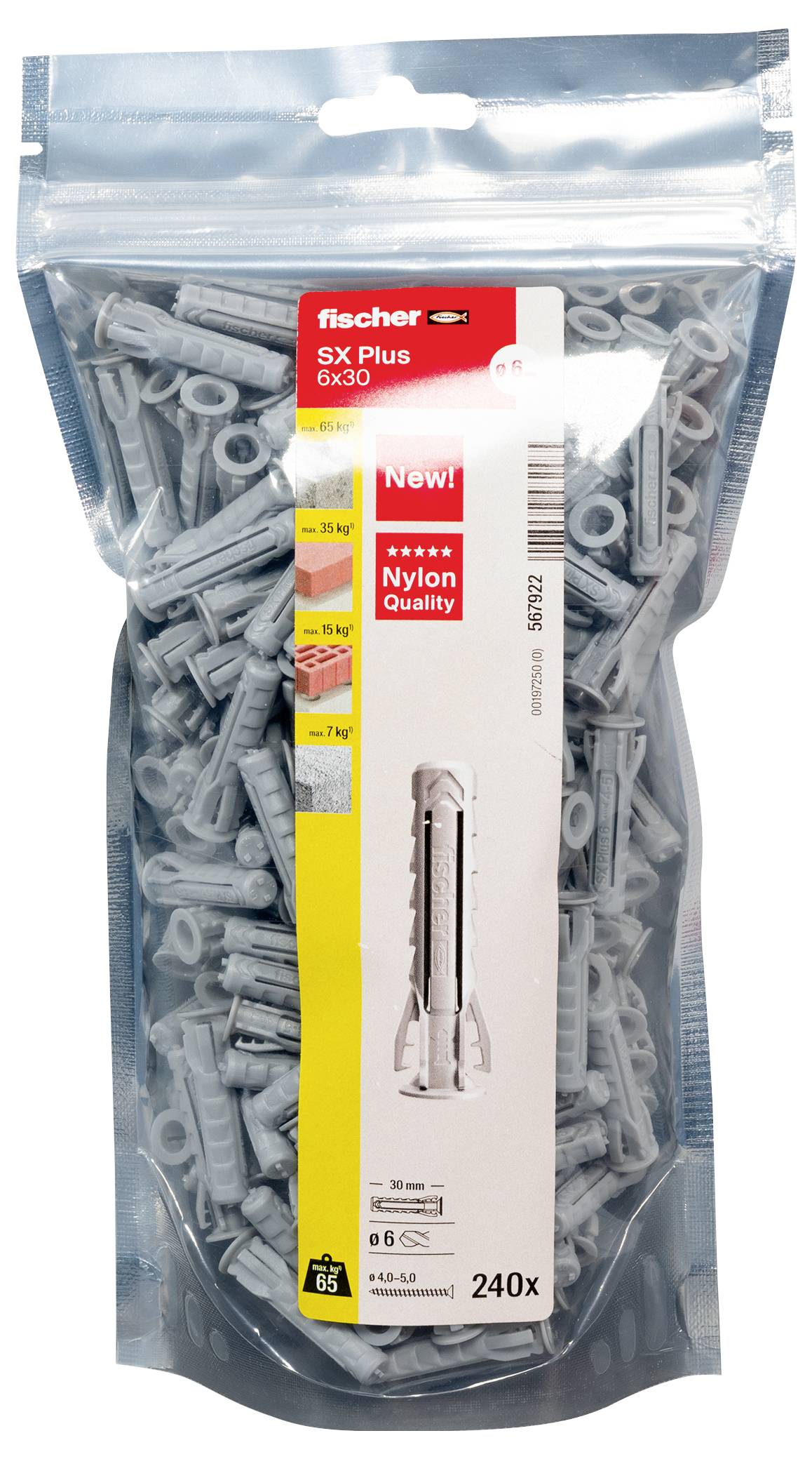Eine Tüte mit grauen Fischer SX Plus Nylon-Dübeln, Type 6x30, 240 Stück. Verpackung zeigt Anwendungsmöglichkeiten und Belastungsgrenzen.