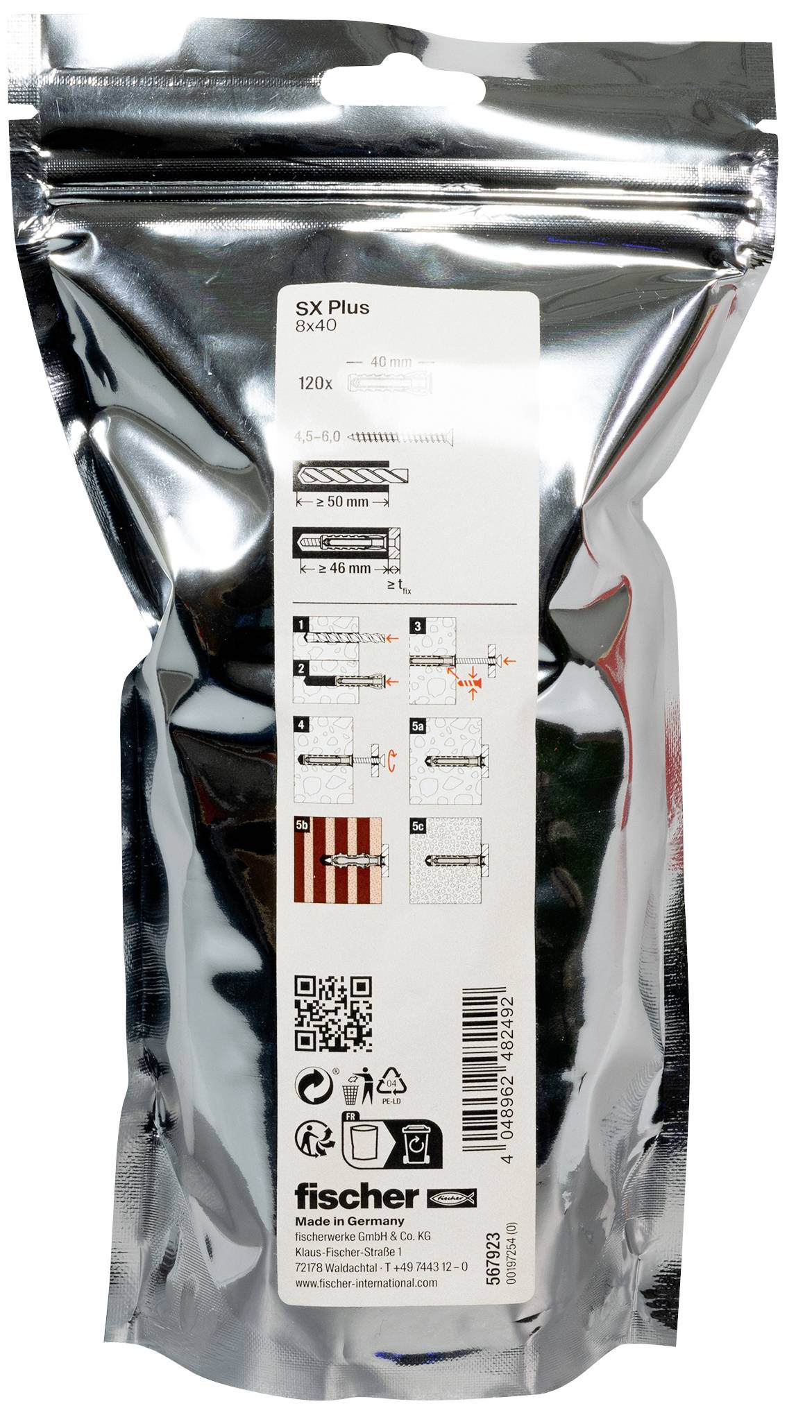 Verpackung eines Fischer-Dübels. Zeigt technische Details: Maße, Bohrtiefe, Schraubendurchmesser. Enthält Barcode und QR-Code.
