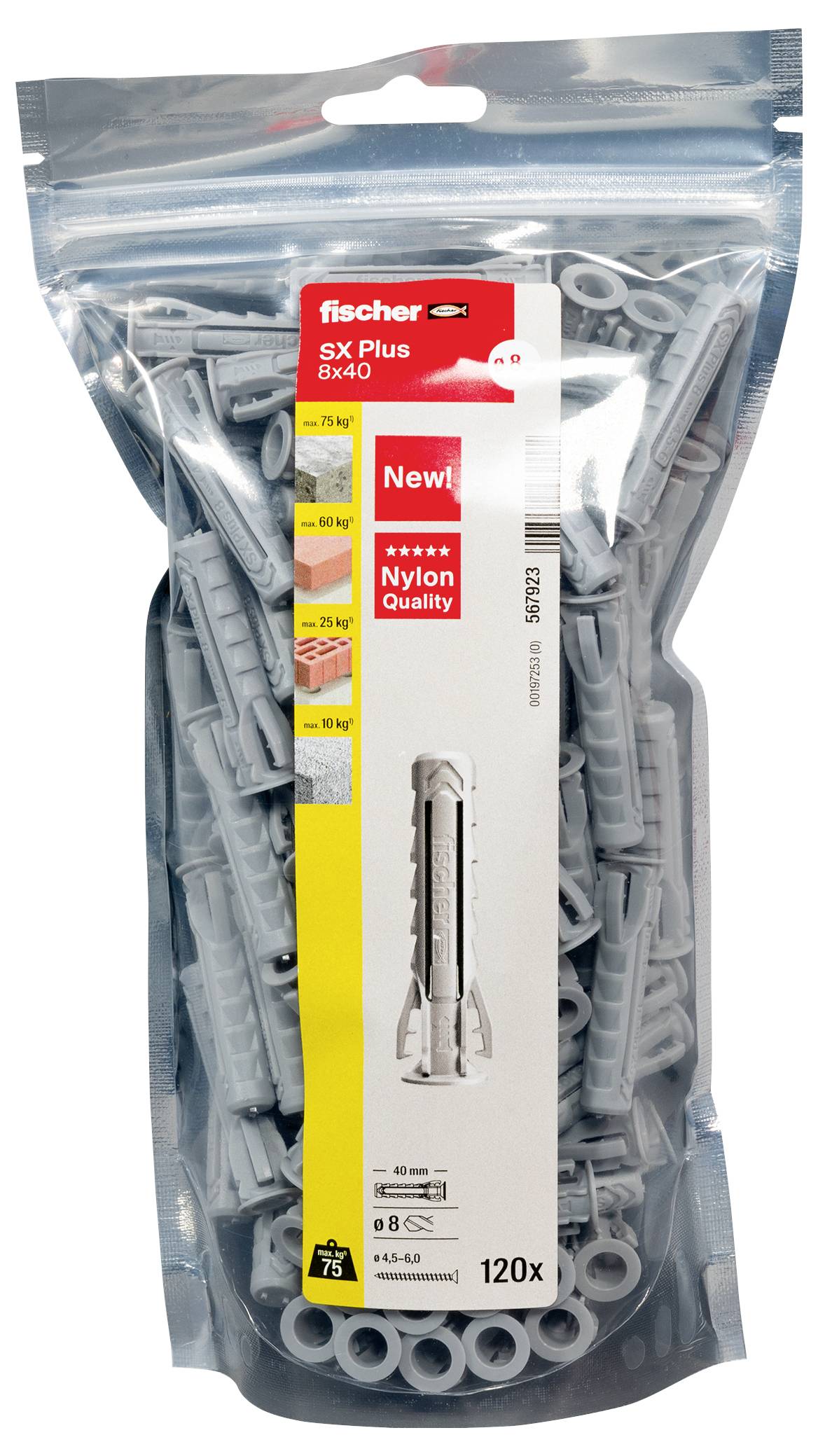 Kunststoffdübel von Fischer, Typ SX Plus 8x40, in einer transparenten Verpackung. Enthält 120 Stück und zeichnet sich durch Nylonqualität aus.